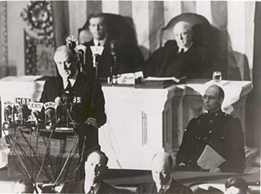 President Franklin D. Roosevelt delivers his &quot;Day of Infamy&quot; speech to Congress December 8, 1941 (U.S. Government - U.S. Archives)