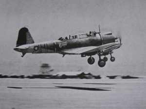 Vought SB2U Vindicator taking off from Midway. The 3rd Marine Sq. of MAG 22 were made up of obsolete Brewster Buffalos and Vindicators.  During the decisive battle of 3-6 June, all Marine aircraft proved ineffective or were destroyed.